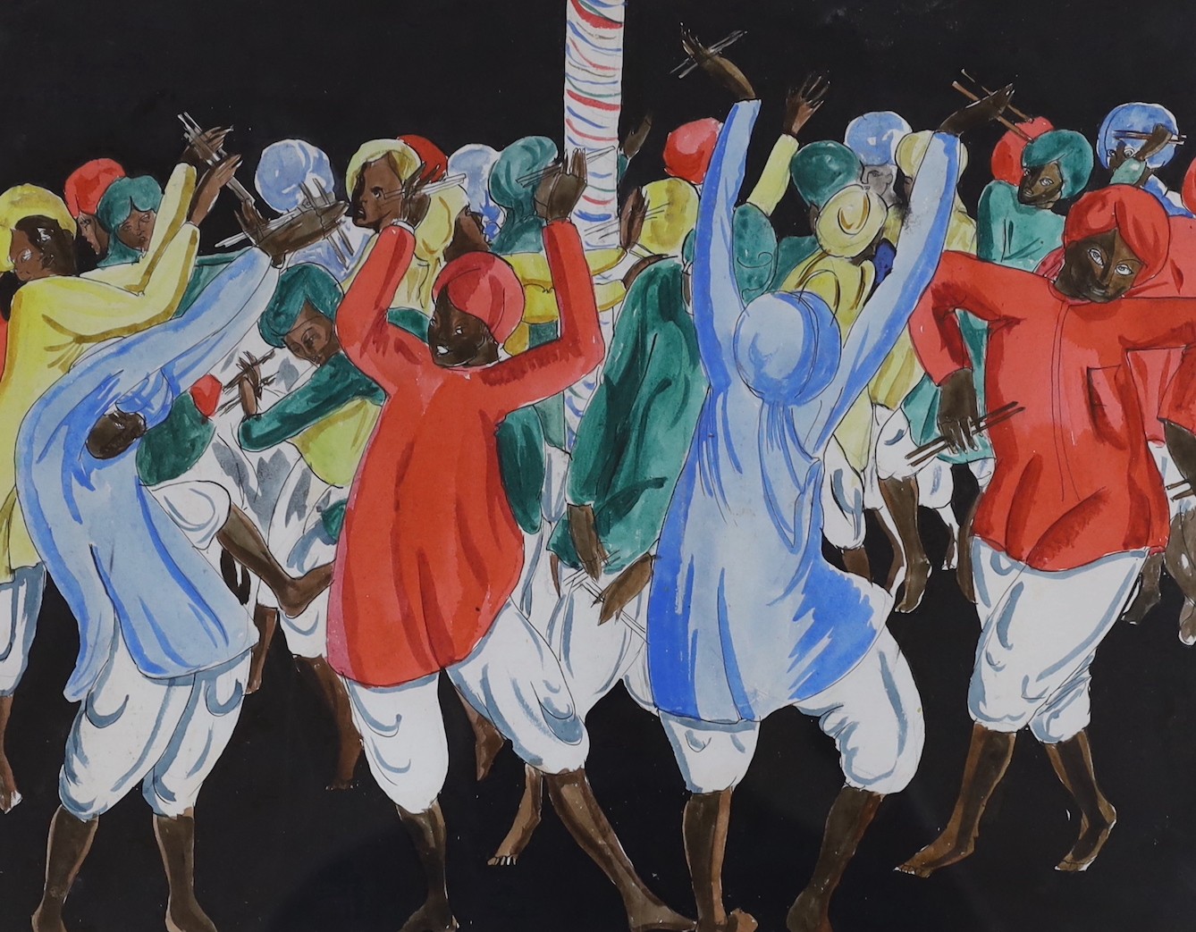 Violet Hilda Drummond (1911-1994), two ink and watercolour drawings, Indian troop musicians and Indian dancers, 28 x 39cm and 31 x 39cm